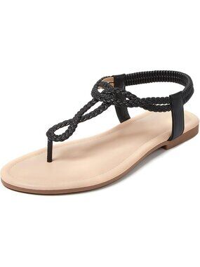 🆕 Women's Black Beige Braided T-Strap Flat Sandals Summer Boho Beach Shoes